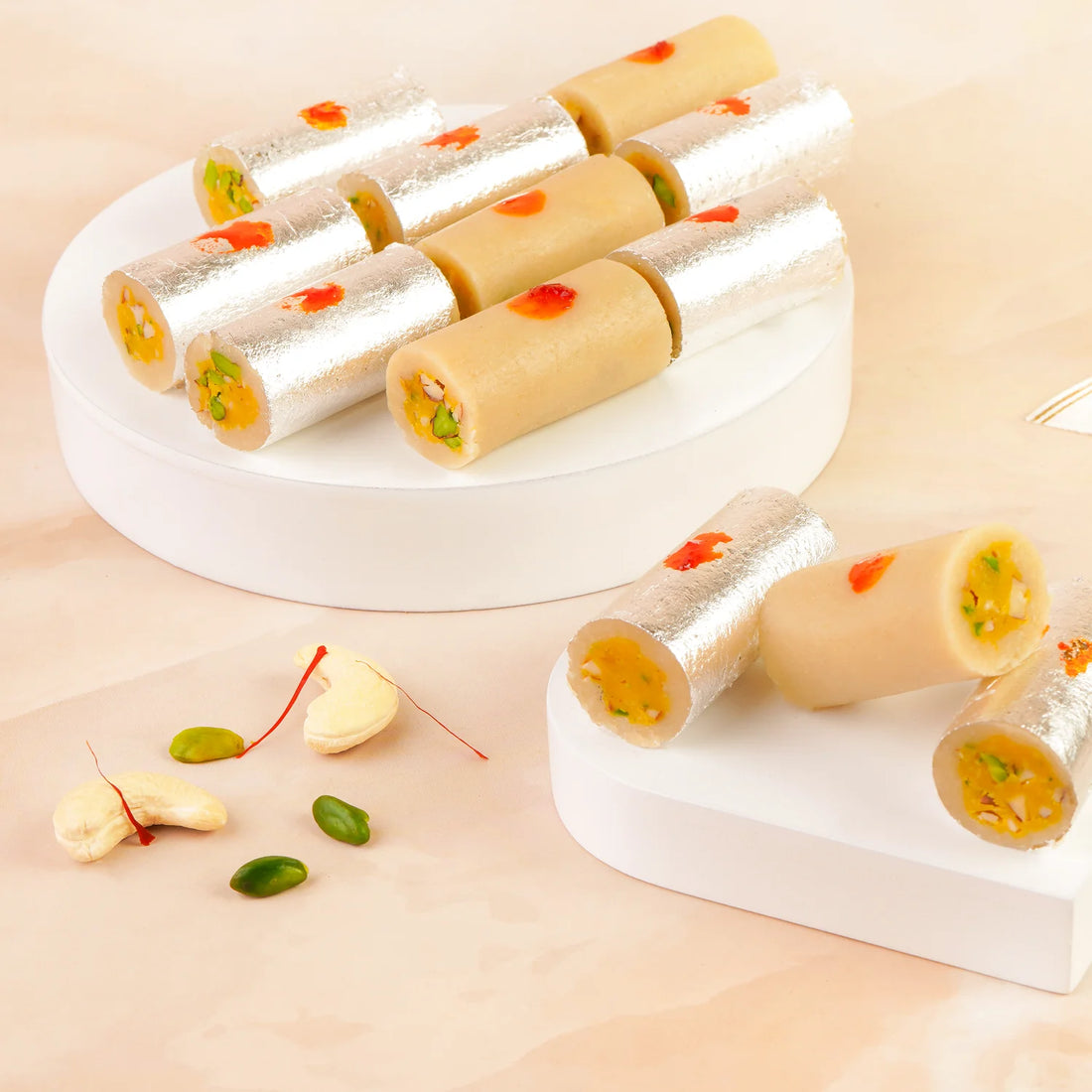 Rich and creamy Kaju Roll with pistachio center