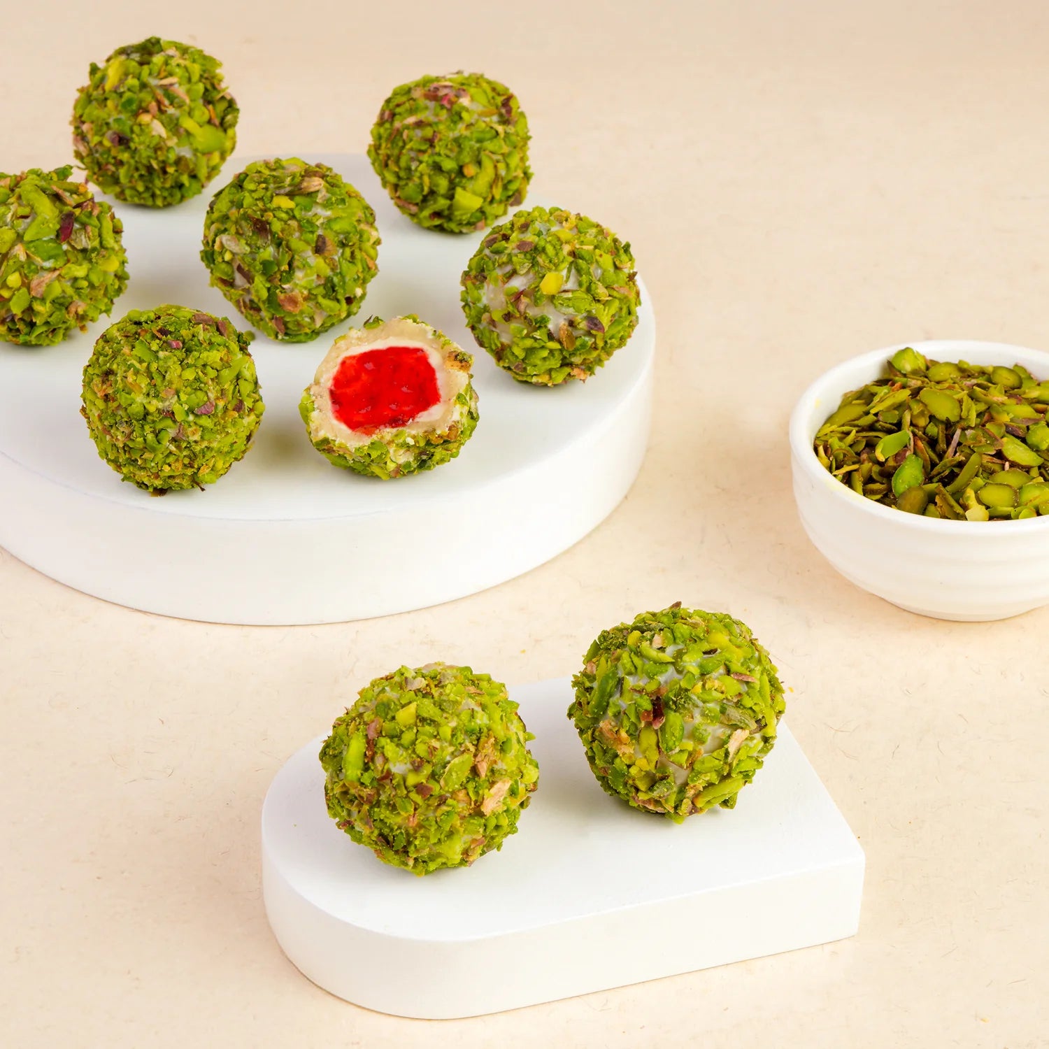 Freshly made center-filled laddu with fruit pulp inside